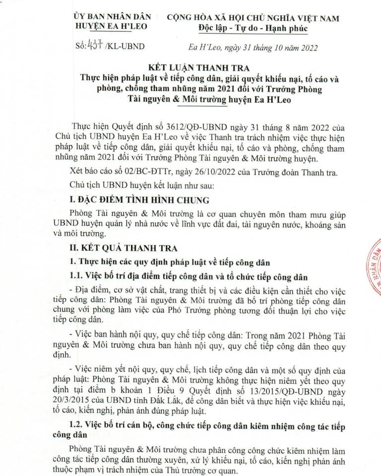 Kết luận thanh tra thực hiện pháp lệnh về tiếp công dân, giải quyết khiếu nại, tố cáo và phòng chống tham nhũng năm 2021 đối với Phòng Tài nguyên và Môi trường huyện Ea H'leo